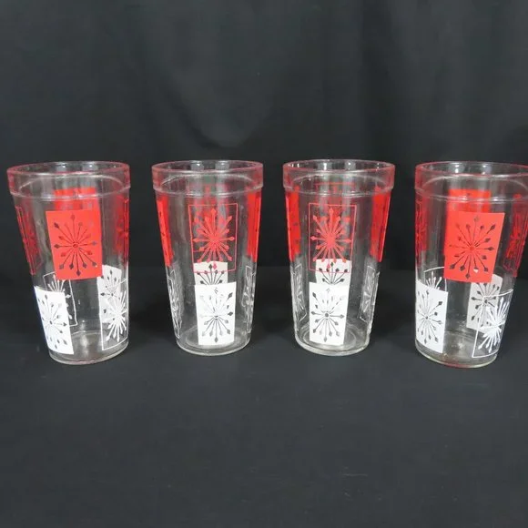 Set of 4 Vintage McM Starburst Hazel Atlas Red and White Design Drinking Glasses - Picture 2 of 12